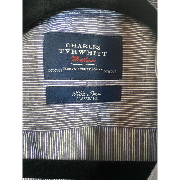Men's Charles Tyrwhitt Weekend Non-Iron Classic Fit Blue Striped Cotton Button-U - Picture 2 of 4